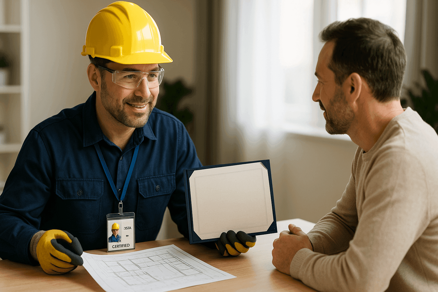 Electrician showing credentials and discussing project plans with client