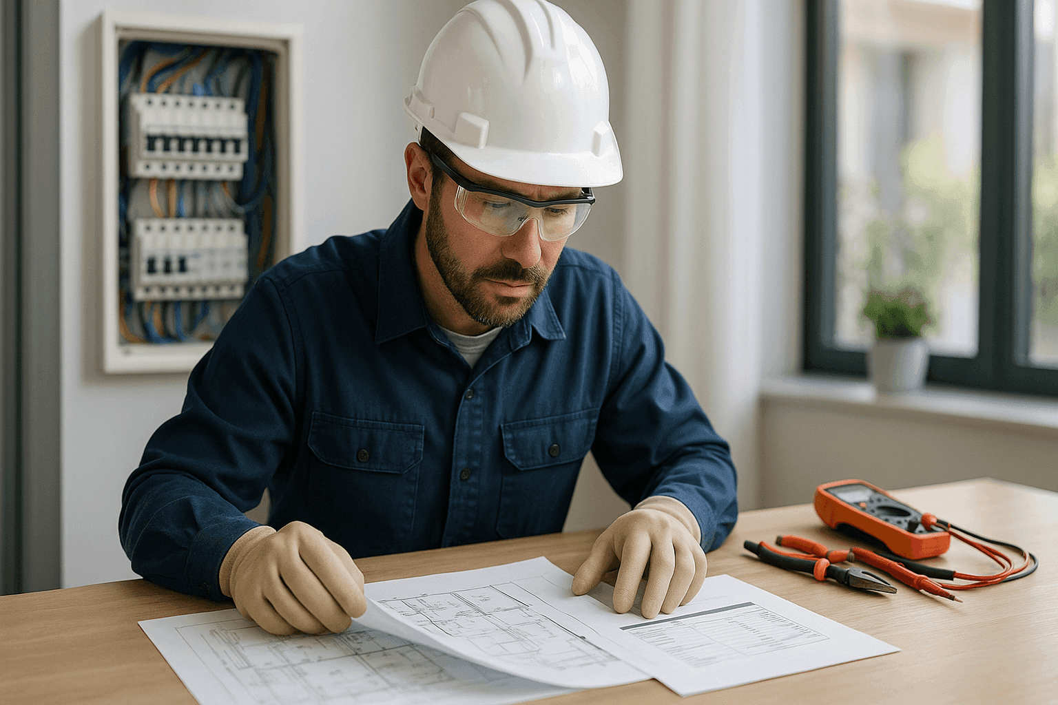 Electrician reviewing rewiring plans with cost estimate documents