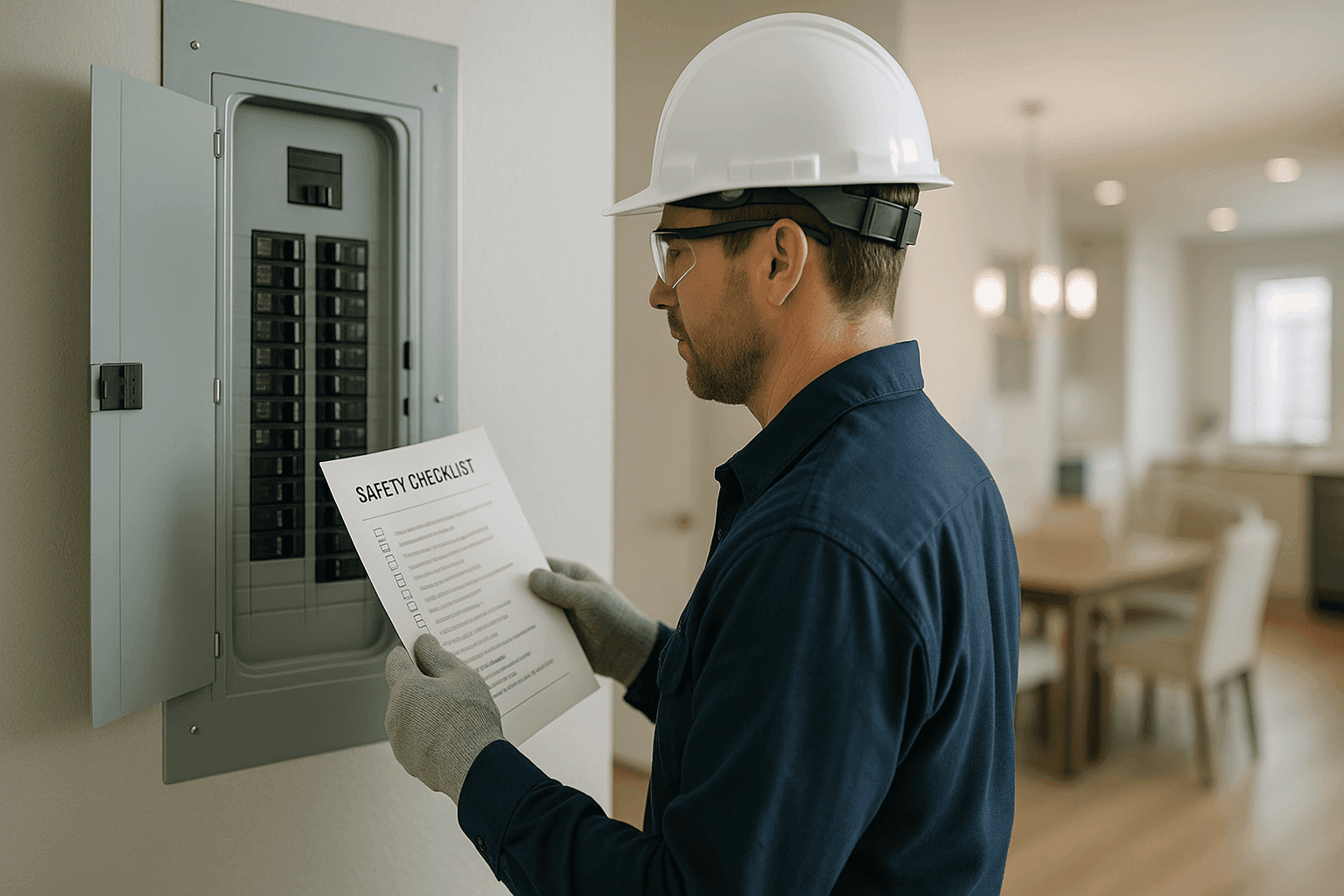 Electricista realizando inspección de seguridad con lista en mano