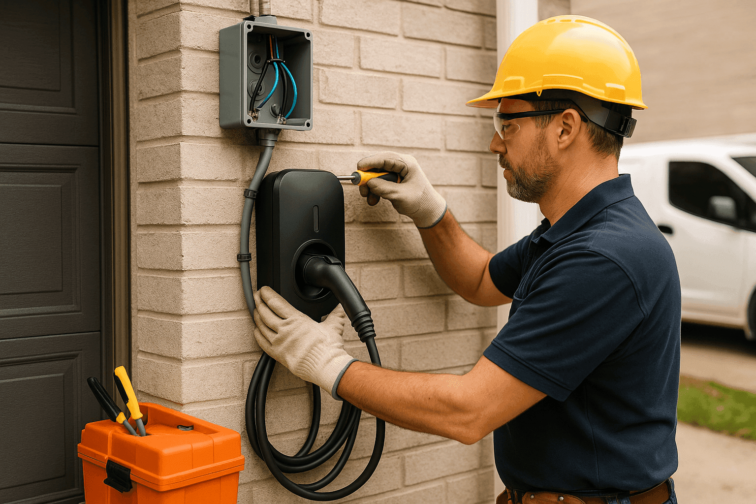 Electrician installing an electric vehicle charger on a building exterior