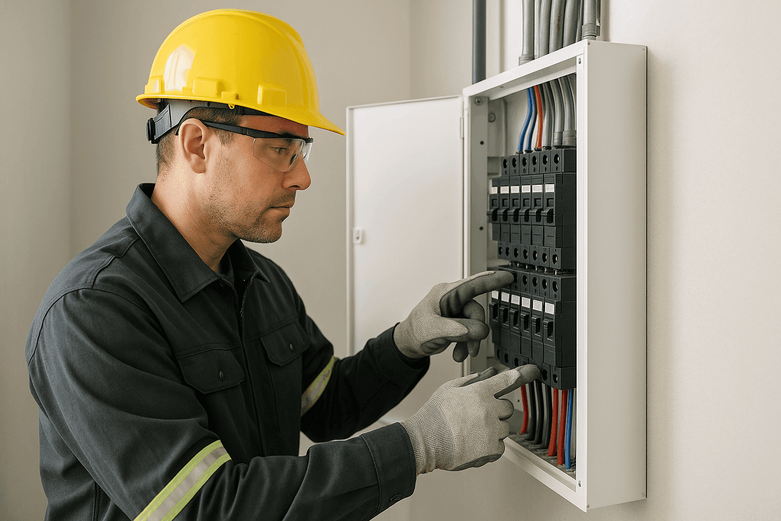 Electricista inspeccionando disyuntor disparado en panel eléctrico moderno